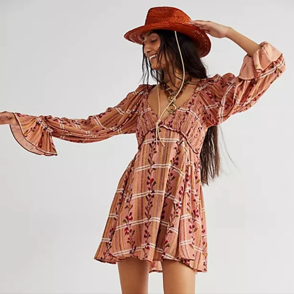 Free People Rust-Peach Floral Long Sleeve Mini Dress - Picture 1 of 15